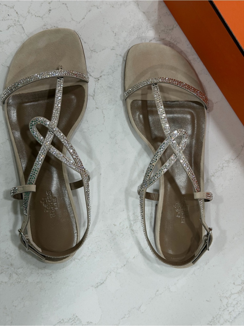 Hermes Crystal-Embellished Beige T-Strap Sandal - Picture 12 of 12